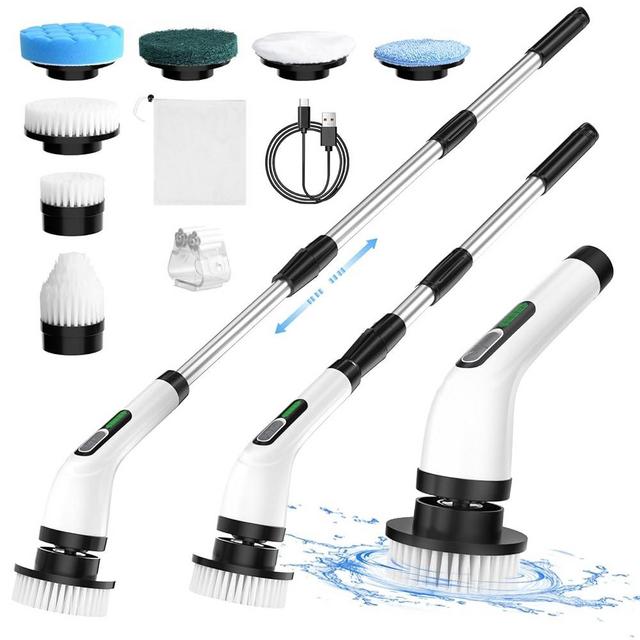 Ibelor Electric Spin Scrubber, 2 Adjustable Speeds Cordless Electric Scrubber for Cleaning, Adjustable & Detachable Handle Shower Scrubber with 7 Replaceable Brush Heads for Floor,Bathroom,Tub,Tile