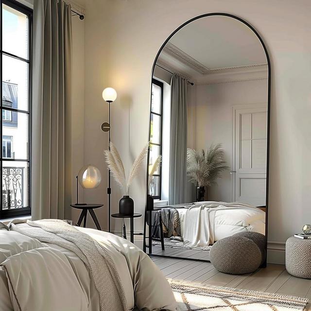 TinyTimes 76''x34'' Full Length Mirror, Arched Floor Mirror with Stand, Full Body Mirror, Wall Mirror, Modern & Contemporary Full Length Mirror, Aluminum Alloy Frame -Black