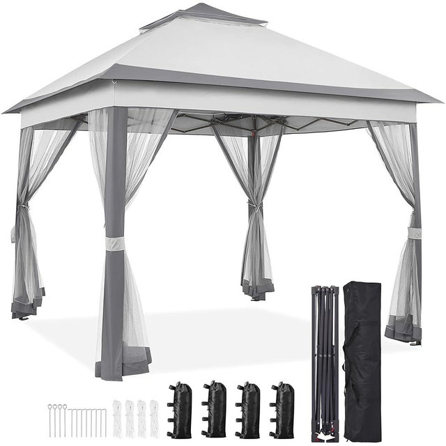 Yaheetech 11x11 Pop Up Gazebo Outdoor Canopy Shelter, Instant Patio Gazebo Sun Shade Canopy Tent with 4 Sandbags, 2 Tiers Roof & Mesh Netting for Lawn, Garden, Backyard & Deck, Gray