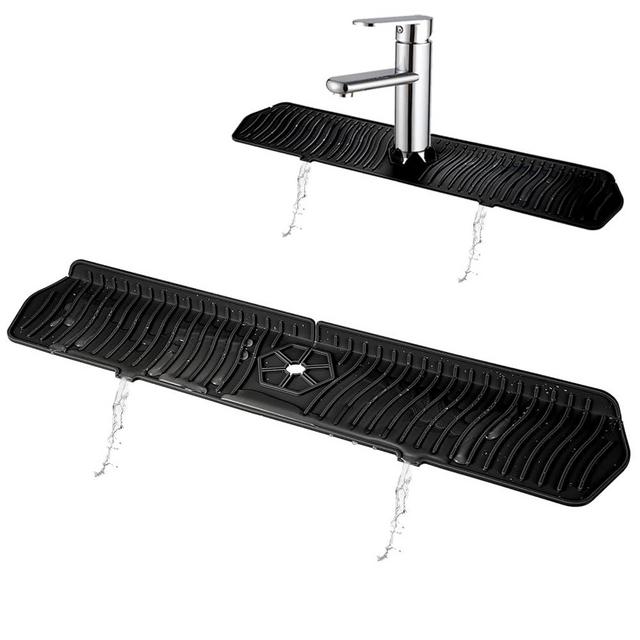 COBETE Kitchen Sink Splash Guard, 24in Faucet Mat Splash Catcher, Handle Drip Catcher Tray, Multipurpose for Kitchen Dish Drying Mats Sponge Holder and Bathroom Countertop Protect(Black)