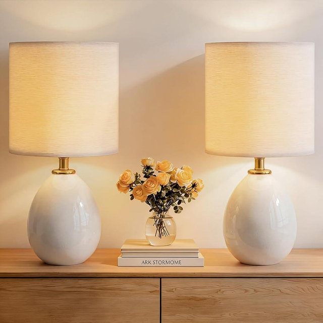 Dawnwake 18.5" Table Lamps Set of 2 for Living Room Bedroom, Bedside Lamps for Night Stands, Modern Linen White Ceramic Lamps