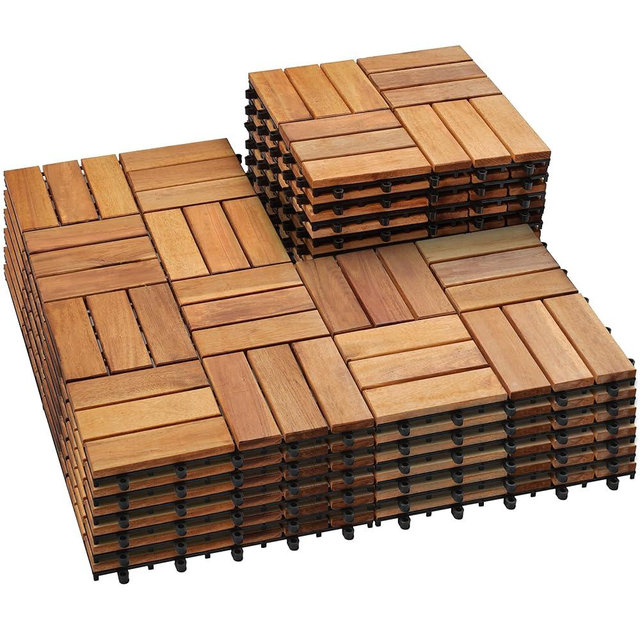 PrimeZone 27 PCS Solid Acacia Wood Interlocking Patio Deck Tiles - 12" x 12" Indoor Outdoor Waterproof Flooring Tiles for Balcony, Backyard & Poolside, All Weather Use, Natural Wood, Checker