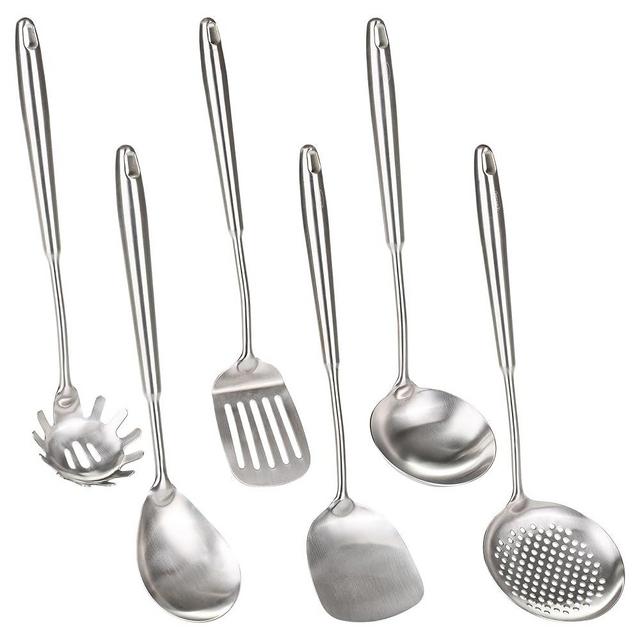FJNATINH 6-Pieces 304 Stainless Steel Wok Spatula Set,Cooking Utensil Set,Soup Ladle Colander,Nonstick Kitchen Cooking Utensils Set with Spatula,Kitchenware Tools