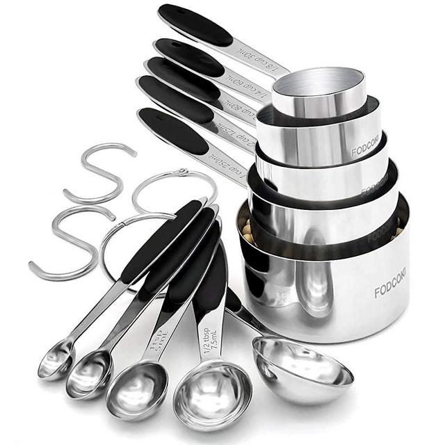 Kitchen Measuring Cups and Spoons Set of 12, FODCOKI Thickened Premium 18/8 Stainless Steel Measuring Spoons and Cups with Silicone Handle, for Dry & Liquid Ingredients, Black