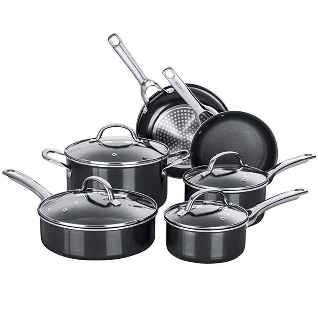 Cookware Set 10 pieces, Nonstick Pots and Pans, Chemical-Free Kitchen Sets, Aluminum Saucepan, Frying Pan, Skillet, Saute Pan, Stock Pot, Induction, Oven & Dishwasher Safe, Black - HITECLIFE