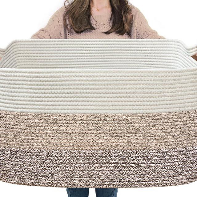 Goodpick Storage Basket, 21.6" x 14.9" x 11.8", Blanket Basket for Living Room, Large Woven Basket for Clothes, Toy Baskets for Organizing, Rectangle Rope Baskets for Storage, Light Brown