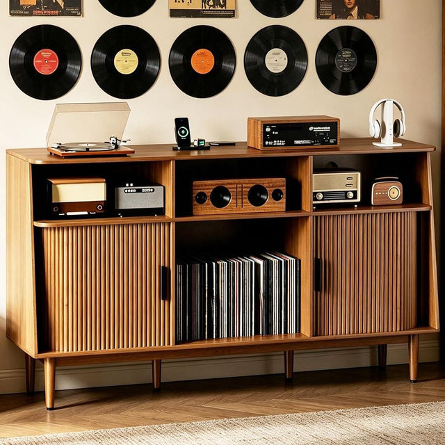 Record Player Stand with Vinyl Storage, Mid Century Modern Vinyl Storage Cabinet with Power Outlet and Sliding Doors, Turntable Stand Table Holds Up to 350 Albums for Living Room (walnut, 55.1"W)