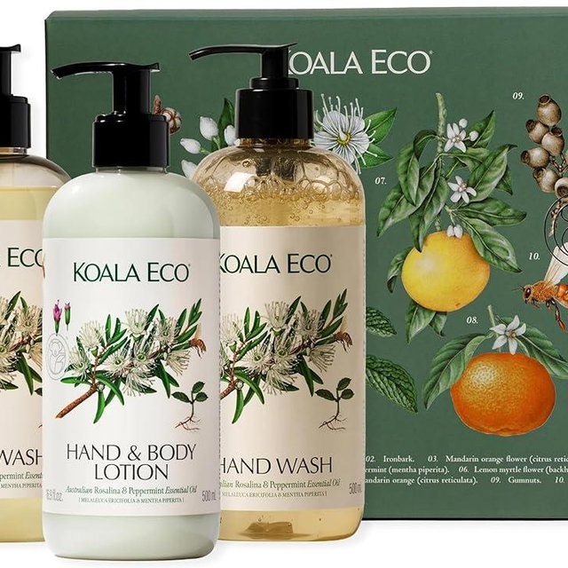 Koala Eco Naturalist Gift Collection: Hand Wash, Body Wash, Body Lotion, Beautifully Packaged - Peppermint and Australian Rosalina Essential Oil, 16 oz (3 Pack)