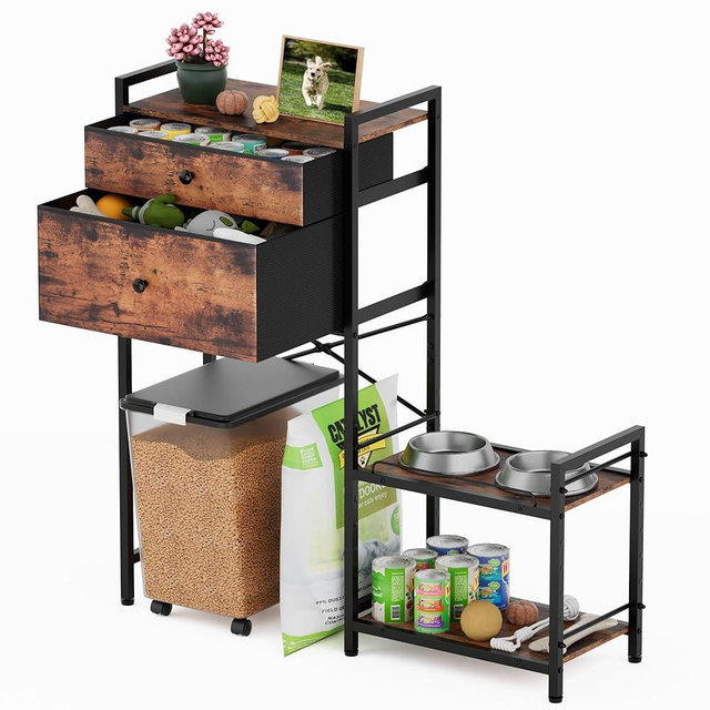 SAKSUN Elevated Dog Bowls,8 Heights Adjustable Dog Storage Organizer Shelves with Toy Double Drawer, Pet Food Station Cabinet for Medium Large Dogs,Elevated Dogs Bowls with Storages, Rustic Wood Brown