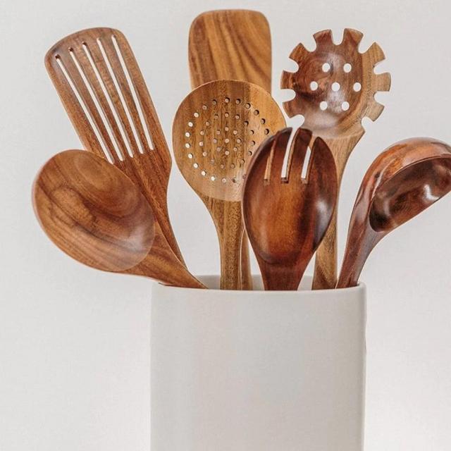 Wooden Utensil Set, 7 Piece Kitchen Utensil Set, Teak Wood Cooking Set, Heat Resistant Kitchen Utensils, Cooking Essentials, Eco Friendly