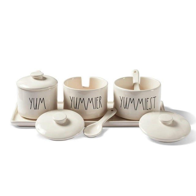 Rae Dunn Ceramic Container Set with Lids, Tray, and Serving Spoons, Cute Ceramic Containers with Lids and Serving Tray, Perfect Condiment Server, Sugar Bowl, or Flour Container