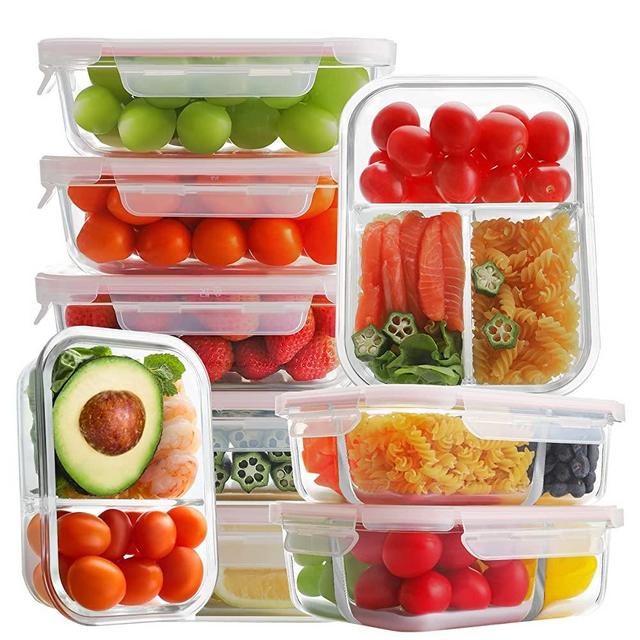 Bayco 9 Pack Glass Meal Prep Containers 3 & 2 & 1 Compartment, Glass Food Storage Containers with Lids, Airtight Glass Lunch Bento Boxes, BPA-Free & Leak Proof (9 lids & 9 Containers) - Pink