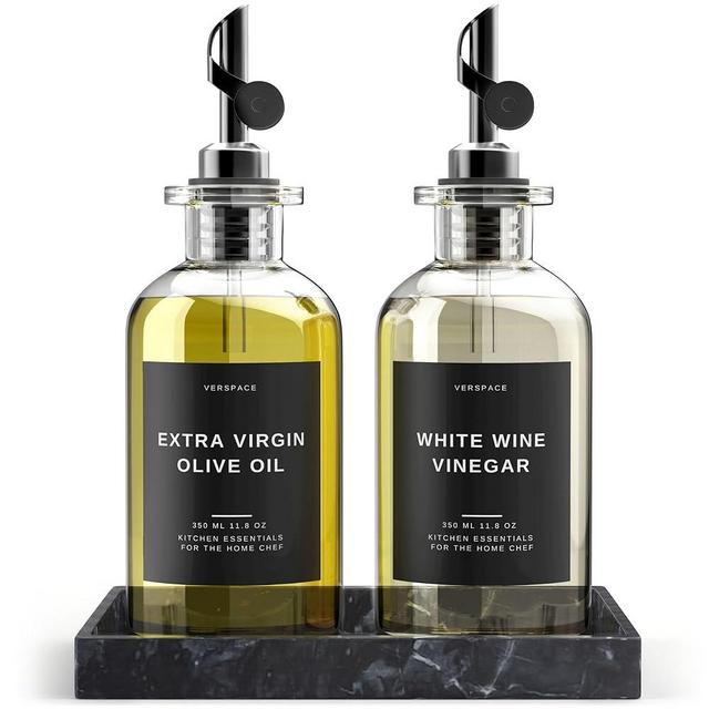 Verspace Glass Olive Oil Dispenser Bottle For Kitchen With Silicone Marble Tray, Coffee Syrup Dispenser, Oil and Vinegar Dispenser Set