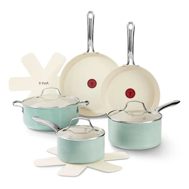 T-fal 10pc Ceramic Nonstick Cookware Set, Inspire Ceramic, Mint Green
