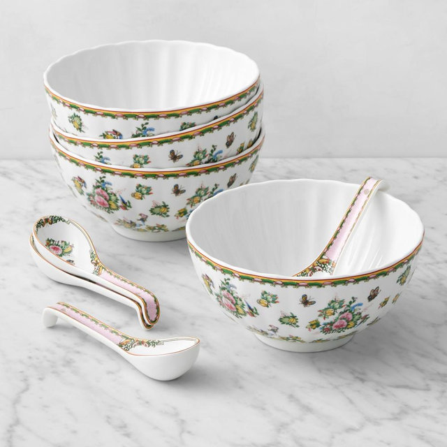 Famille Rose Noodle Bowl & Dumpling Spoon, 8-Piece Set