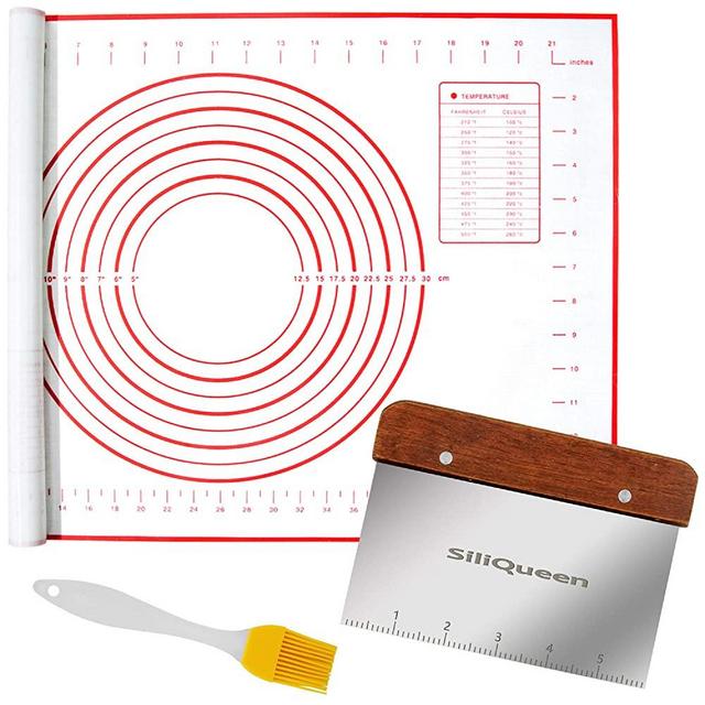 SiliQueen Silicone Pastry Baking Mat with Measurements Extra a Brush and a Dough Scraper- 27.5” x 20” Heat Resistant, BPA Free, Non-Stick Non-Slip Pastry Mat for Rolling Dough, Easy to Clean, Red