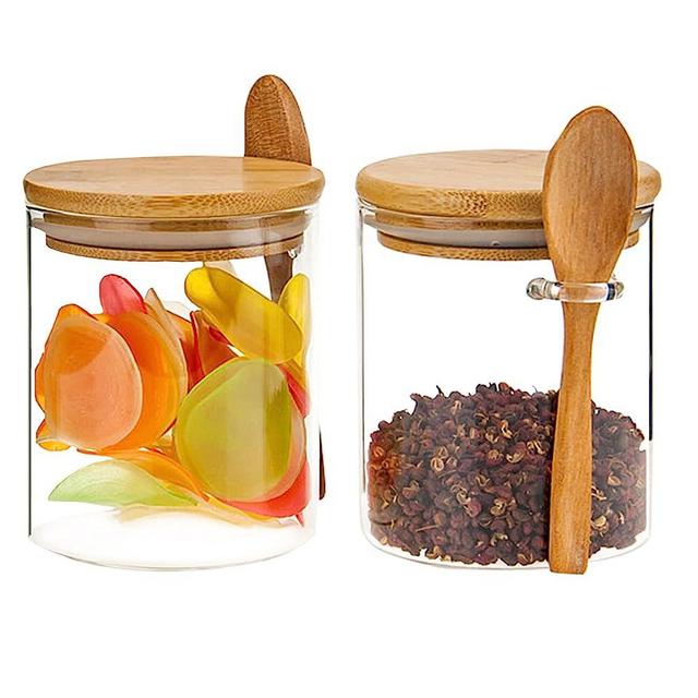 JOUALY 2-Pack Glass Jar Containers 18.2 oz,100% Sealed Borosilicate Glass Bamboo Spice Jars with Bamboo Lid and Bamboo Spoon for Candy, Spices, Coffee Beans, Nuts, Condiments, Cookies, Flour,540ml