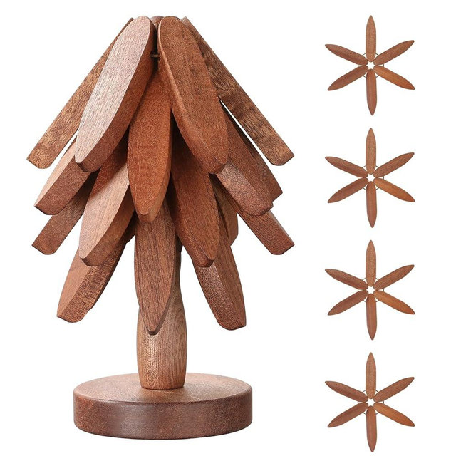 Wooden Trivets for Hot Dishes, Tree Shape Set, 4 Wooden Trivets + 1 Stand Stored Like a Tree, Sapele Wood Trivet for Hot Pots, Pans, Bowl, Teapot, Practical Trivet on The Kitchen Counter