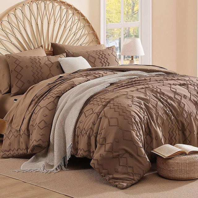 AMBERSPACE King Size Comforter Set Brown, Tufted Geometric Boho Bedding Farmhouse Bed Set, All Season 7 Pieces Bed in a Bag with Sheets, Pillowcases & Shams