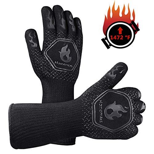 Homemaxs BBQ Gloves 1472℉ Extreme Heat Resistant Grill Gloves, Food Grade Kitchen Oven Mitts, Silicone Non-Slip Cooking Gloves for Barbecue, Cooking, Baking, Welding, Cutting, 14 Inch (Style 2-Black)