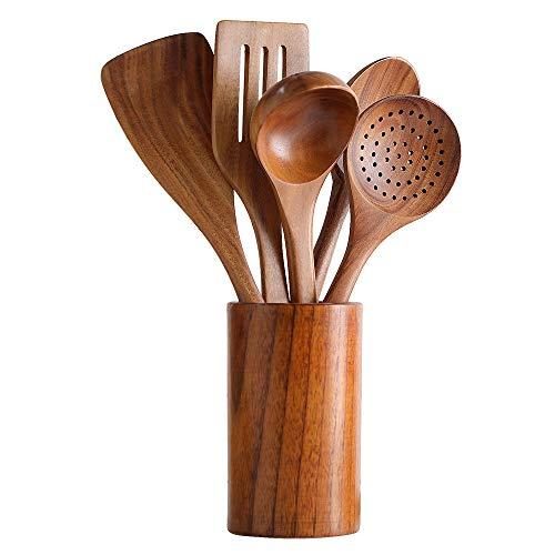 Healthy Cooking Utensils Set Wooden Cooking Tools and storage wooden barrel- Natural Nonstick Hard Wood Spatula and Spoons - Durable Eco-friendly and Safe Kitchen Cooking spoon (set of 6)