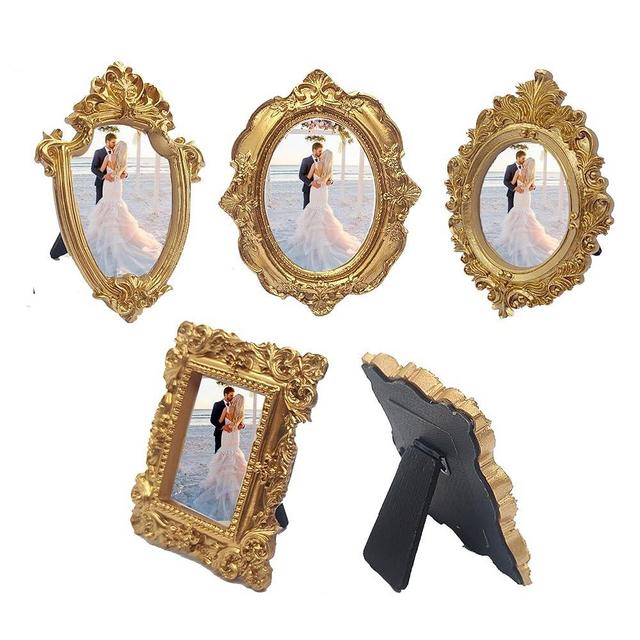 mozhixue 5 Pcs Mini Gold Frames - Small Gold Vintage Flower Oval Rectangle Baroque Frames Table Top Frame for Christmas Holiday Party Decor