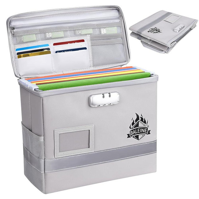 BALEINE Fireproof Document Box with Lock, Portable Fireproof Document Bag Waterproof Fire Proof File Boxes for Documents, File Organizer Box for Important Paperwork (Silver, 12.5''x10.5''x6'')