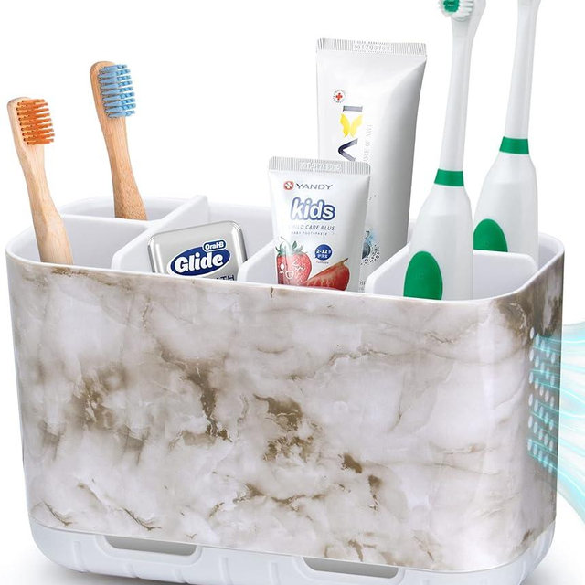 Boperzi Electric Toothbrush Holder for Bathroom Organizer Countertop, Detachable Anti-Slip Toothpaste Storage Caddy 6 Slots White Marble with Drainage Holes for Makeup Brush Razor Stand