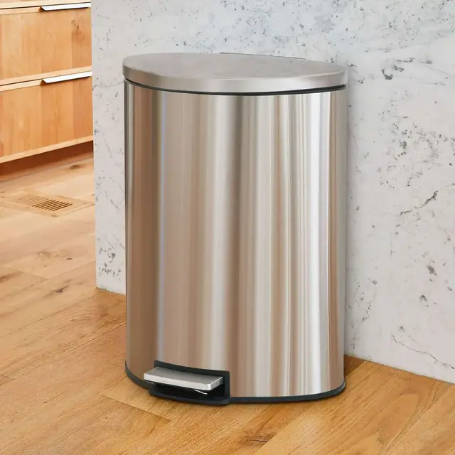 Better Homes & Gardens Stainless Steel Kitchen Trash Can, 14.5 Gallon, Soft Close Step On Lid Garbage Bin, Silver