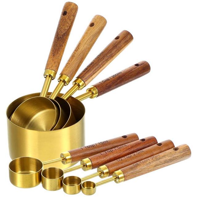 8 Piece Premium Stainless Steel Measuring Cups with Wood Handles, Gold Measuring Cups and Spoons Set,4 Stackable Wooden Measuring Cups and 4 Measuring Spoons Set for Baking Supplies in the Kitchen