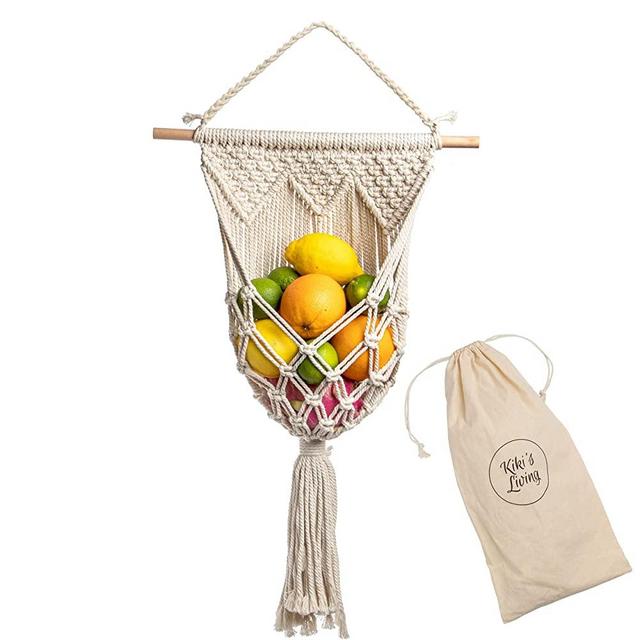 Kiki's Living Wall Fruit Basket for Kitchen - Macrame Wall Mounted Fruit Basket - Macrame Fruit Hammock - Macrame Fruit Basket - Boho Wall Baskets - Boho Kitchen Decor - Fruit Hanging Basket