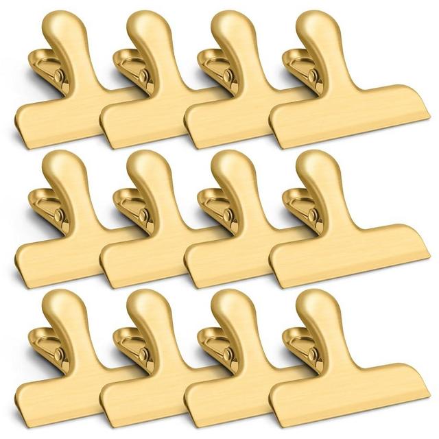 VNDUEEY 12 Pack Chip Clips, Stainless Steel Bag Clips for Food - Keep Snacks Fresh, Strong Grip Chip Clips Bag Clips Food Clips, Perfect for Kitchen and Office Supplies -3 Inches, Gold