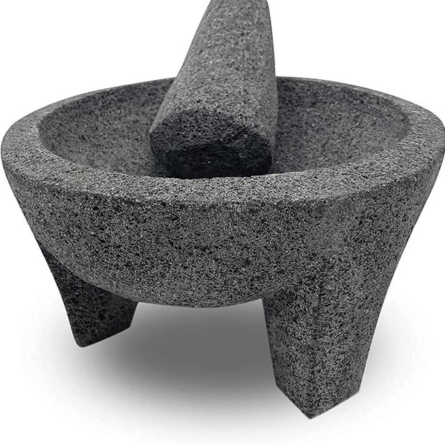 Lindo Brand, Mortar and Pestle Set Mixing Bowls Garlic Mincer,Pill Crusher and Spice Grinder 7 in Molcajete 7 in, 7 in, Black