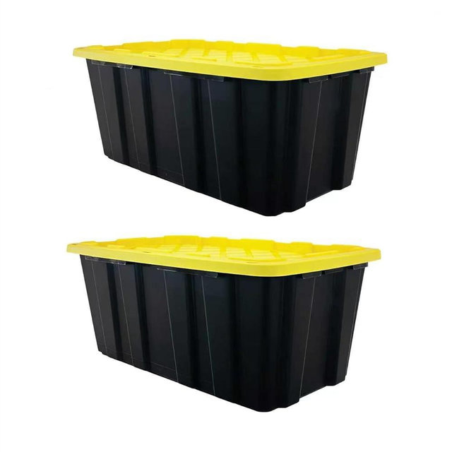 40 Gallon Tote 2 Pack, Heavy Duty Stackable Plastic Storage Bins with Lids, Black & Yellow Industrial Tough Containers for Garage, Moving, Truck Transport, Job Site Organization