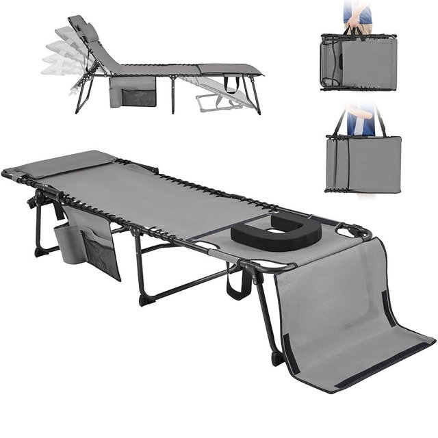 Yaheetech 22.4" Tanning Chair with Face Hole, Adjustable 5-Position Folding Chaise Lounge Chairs, Outdoor Lounge Chairs for Lawn, Beach, Sunbathing, Gray
