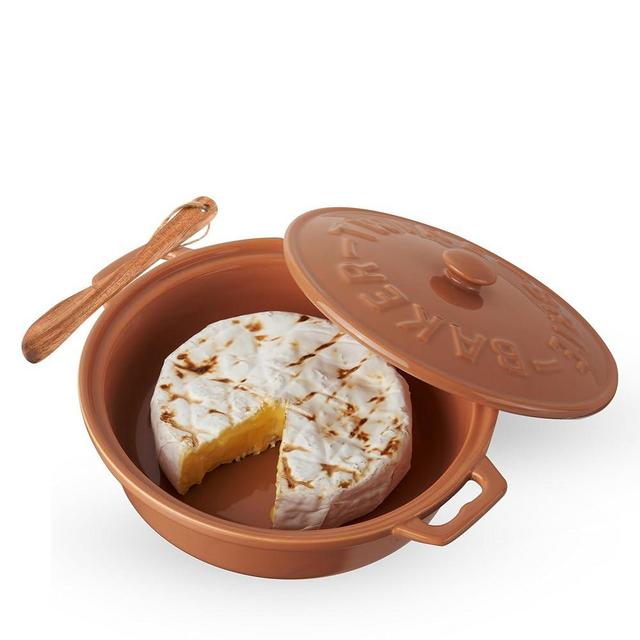 Twine Ceramic Brie Baker with Wood Spreader, Brie Baking Tools with Lid Bakeware Sets, Terra Cotta Ceramic, Kitchen Set of 1