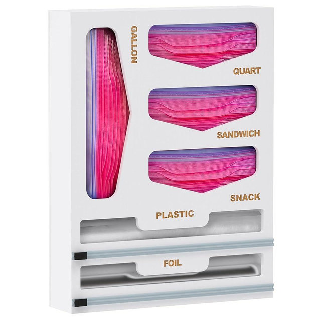 DALSHABET Bamboo Bag Organizer with Magnetic Closure, 6 In 1 Kitchen Drawer Foil and Plastic Wrap Dispenser with Cutter, Storage bag for Gallon, Quart, Sandwich, Snack White