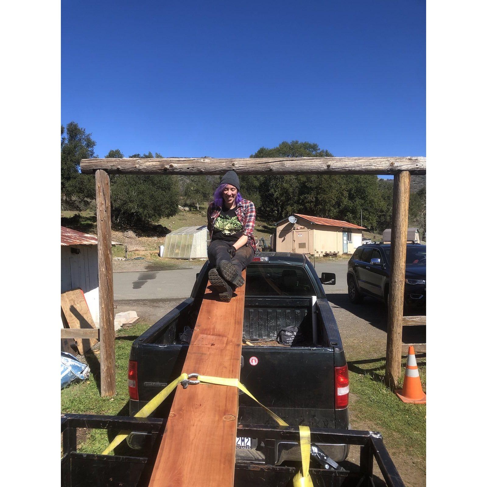 Jenny on a beam at a Sugarloaf work day.