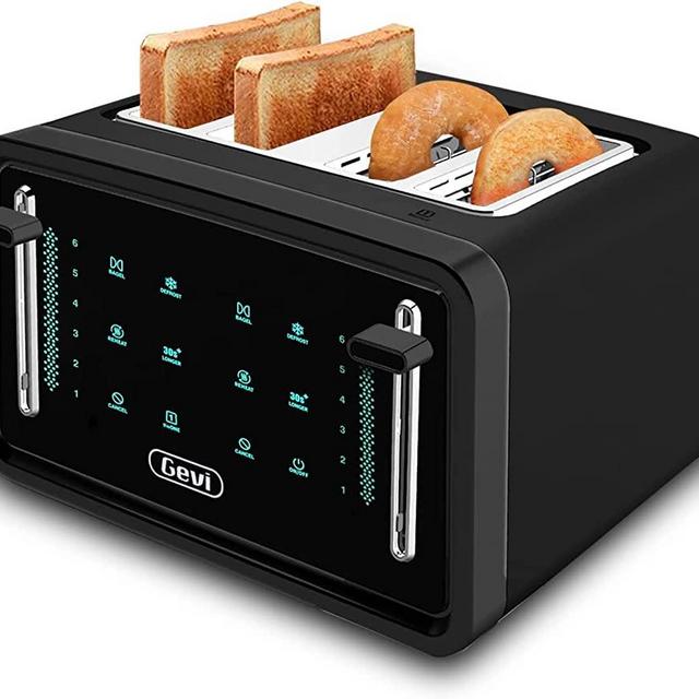 Gevi Toaster 4 Slice,Led Display Touchscreen Bagel Toaster with Dual Control Panels of Bagel/Reheat/Defrost/Cancel/Toasting One Slice/Longer Function