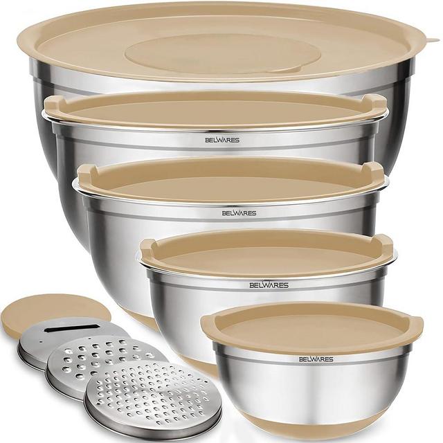 Belwares Mixing Bowls with Lids Set of 5 - Nesting Bowls with Airtight Lids and Graters - Stainless Steel Non-Slip Mixing Bowl for Baking, Food Storage and Prepping (Khaki)