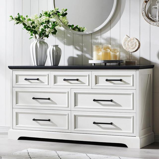 ACCOHOHO 7 Drawer Dresser, Farmhouse Chest of Drawers for Bedroom, 52" Wide Kids Dresser TV Stand with Large Metal Handles, Modern Wood Drawer Organizer for Living Room, Hallway, Closet - Off White