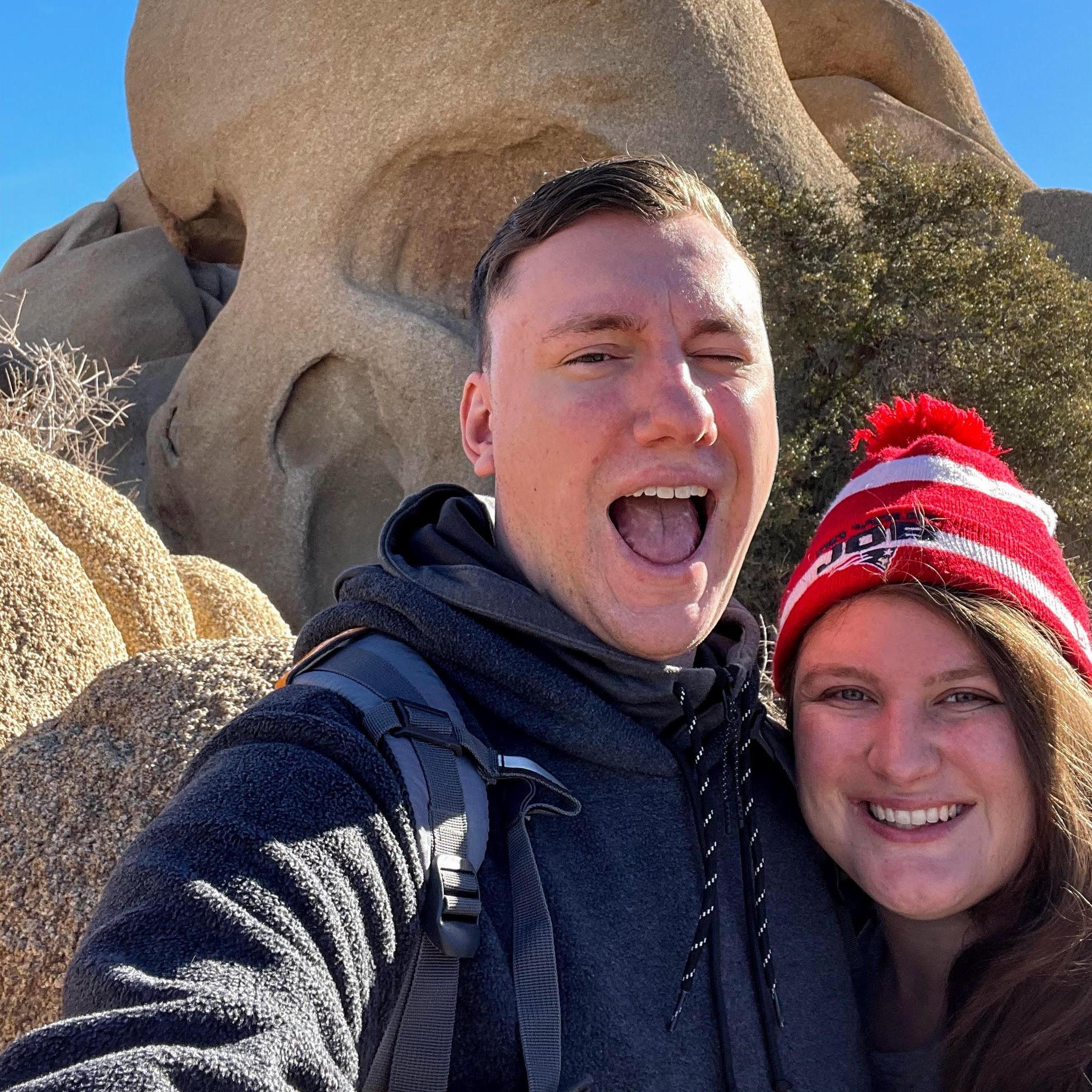 The hour before we got engaged we took this picture at Skull Rock (note the hat... not even that discouraged him...)