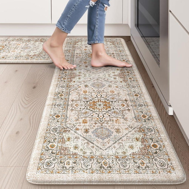 Sungea Anti Fatigue Mats for Kitchen Floor,Non-Slip Kitchen Mat Rubber Cushioned Kitchen Rugs, Ergonomic Waterproof Comfort Kitchen Sink Mat for Laundry 17.3"x29"+17.3"x47"(Cream)