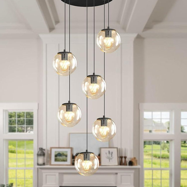 ykolupty 6-Light LED Staircase Modern Glass Globe Pendant Light Large Chandeliers for High Ceilings, Entryway Lighting Fixture Villas and Stairs