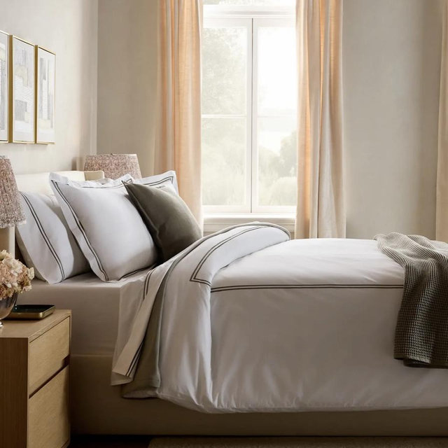 Classic Organic Percale Embellished Deluxe Bedding Bundle - not selectedSize Chart, White/Dusty Olive