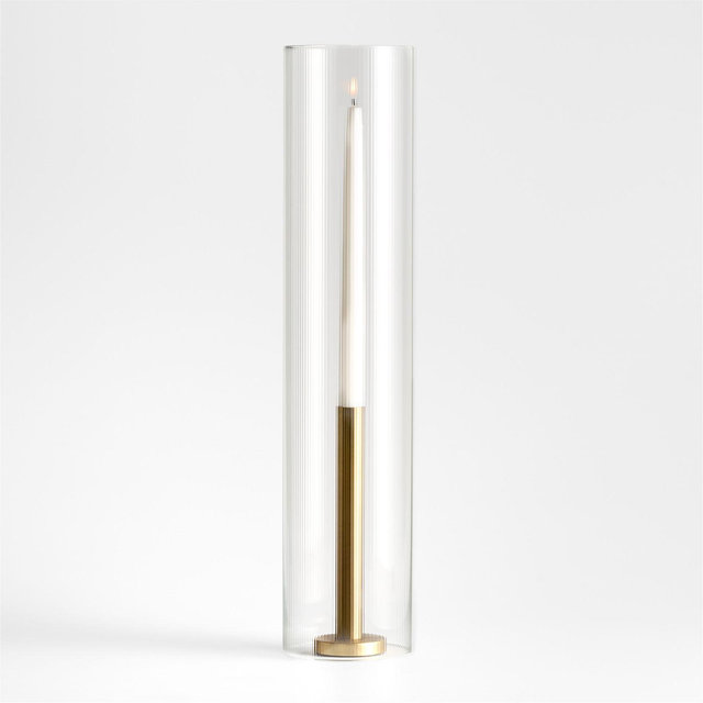 Orion Large Brass Finish Taper Candle Holder with Tall Fluted Glass Candle Holder Sleeve