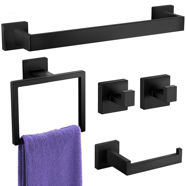 UPRONE Bathroom Hardware Accessories Set: 5-Pieces Bath Towel Bar Set, Towel Racks for Bathroom Wall Mounted, SUS304 Stainless Steel, Matte Black