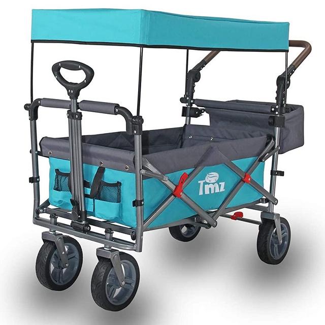 TMZ Utility Folding Wagon with Canopy, Collapsible Garden Cart, Folding Trolley Cart, for Shopping, Camping, and Outdoor Activities with Canopy and Push Handle (Turquoise/Grey)