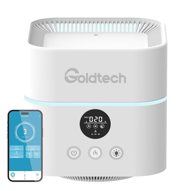 Goldtech Air Purifier and Humidifier Combo for Bedroom Up to 200Ft²,H13 True HEPA Filter Desk Air Purifiers with Smart WiFi,500ML Water Tank,LED Light,Small Air Purifier for Bedroom,Office