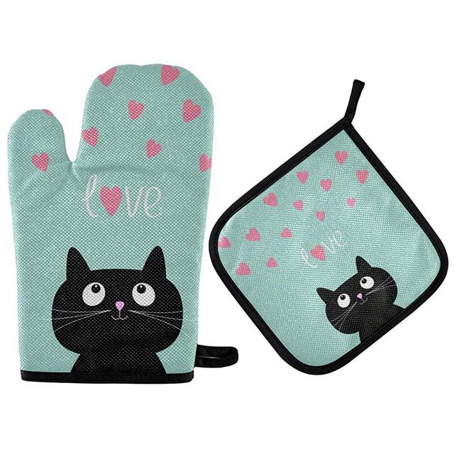Cute Black Cat Love Oven Mitts & Pot Holders 2pcs Pink Hearts Decorative Kitchen Heat Resistant Non-Slip Potholders Set for Women Cooking Baking,Mother's Day Gift